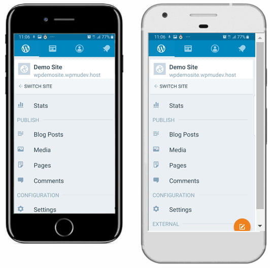 WordPress Mobile App screen displayed on iPhone and Google pixel phones.