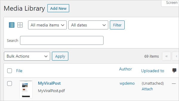 Screengrab of PDF file uploaded to WordPress