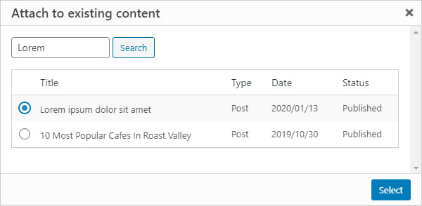 Screengrab of the post select dialog