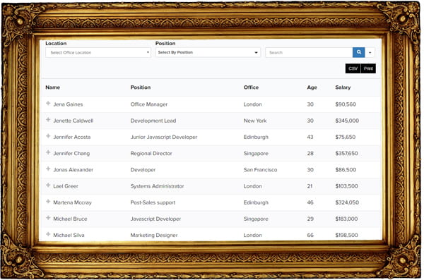 Composite image - data table in gold art frame.