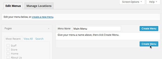 Give your new menu a name where it says 'Menu Name' and click the 'Create Menu' button.