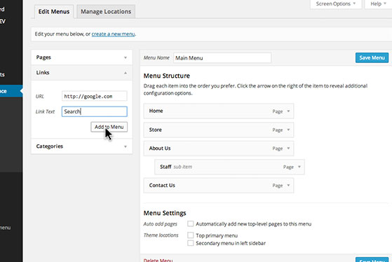Add custom links by clicking on the 'Links' button and entering a web address you would like the menu item to point to.