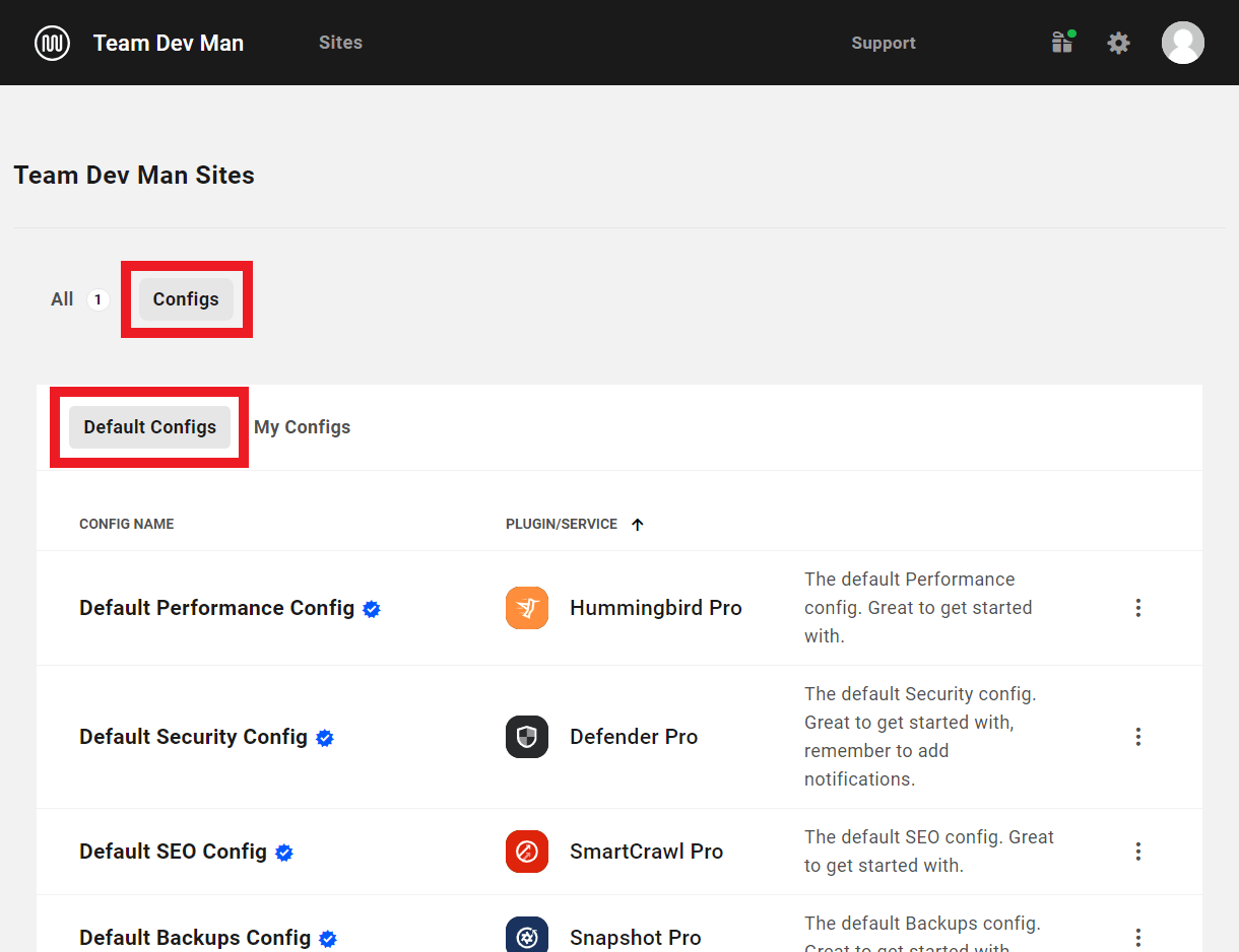 View default configs in The Hub