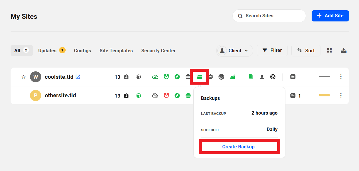 Create a site backup from the My Sites screen