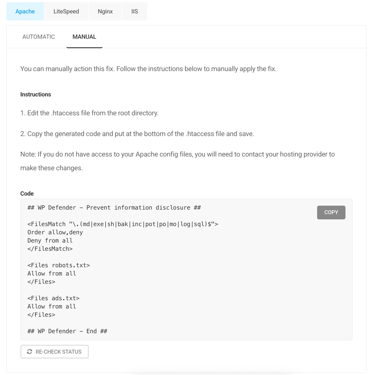 Apply prevent information disclosure manually