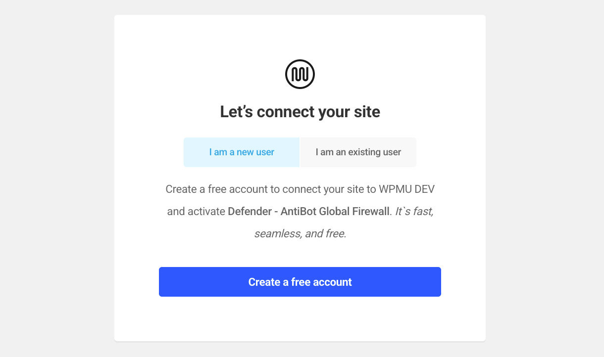 Create free WPMU DEV account or connect to an existing one