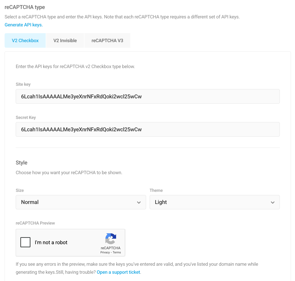 Adding site key and secret key