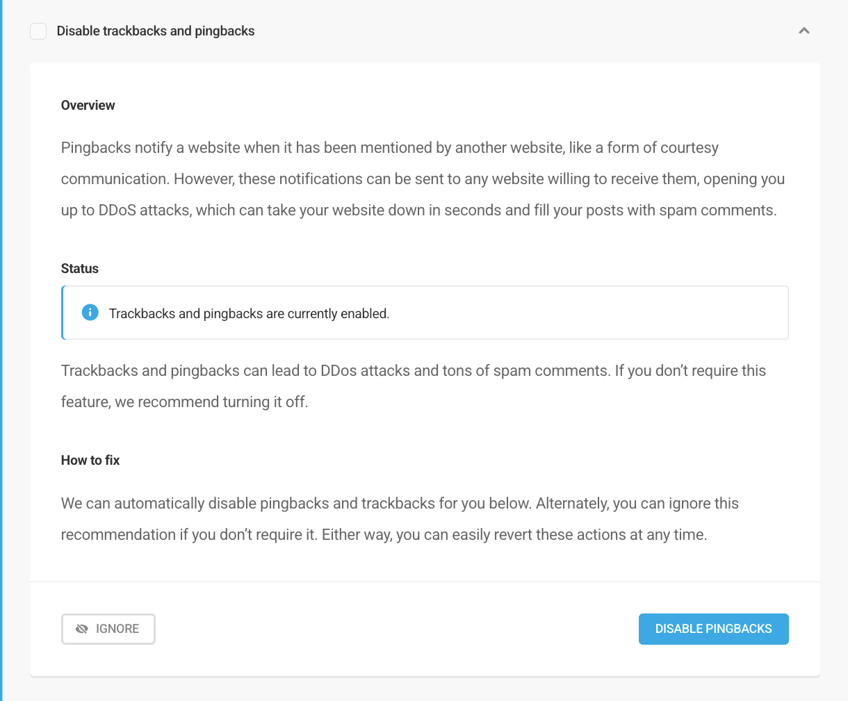 Recommendations details and actions