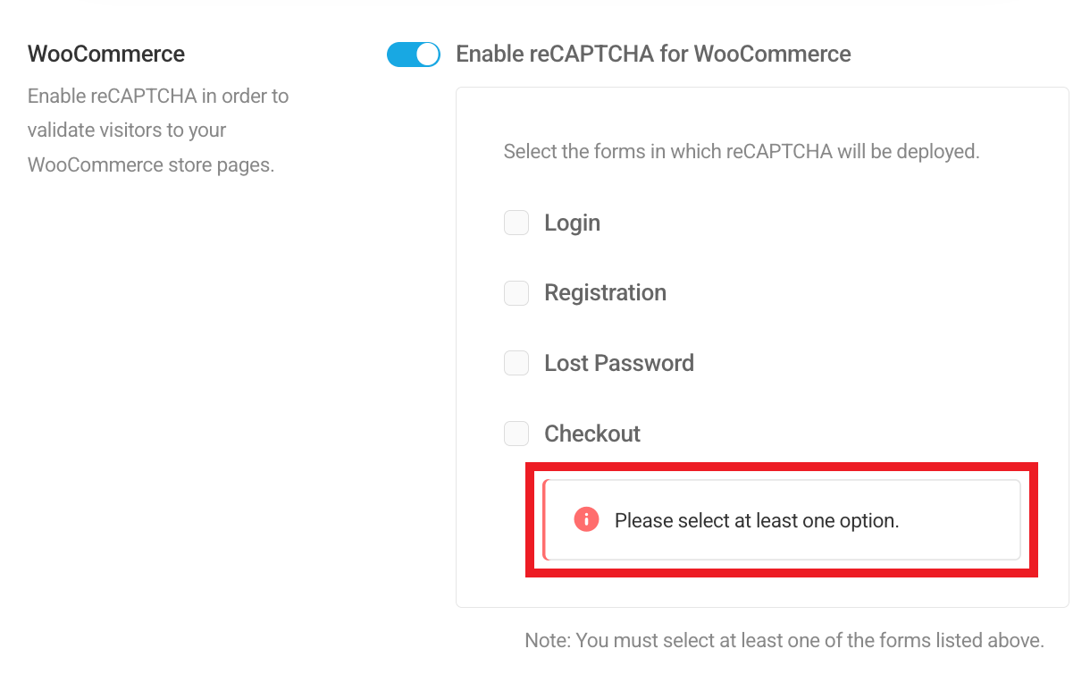 Select at least one form location for WooCommerce reCaptcha