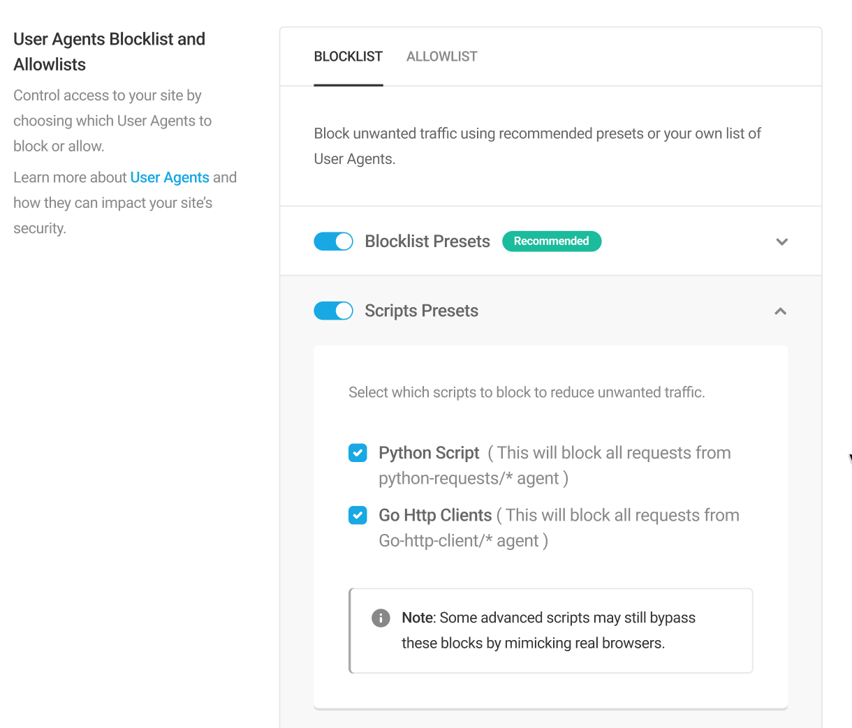 Scripts Presets section with Python and Go HTTP Clients options