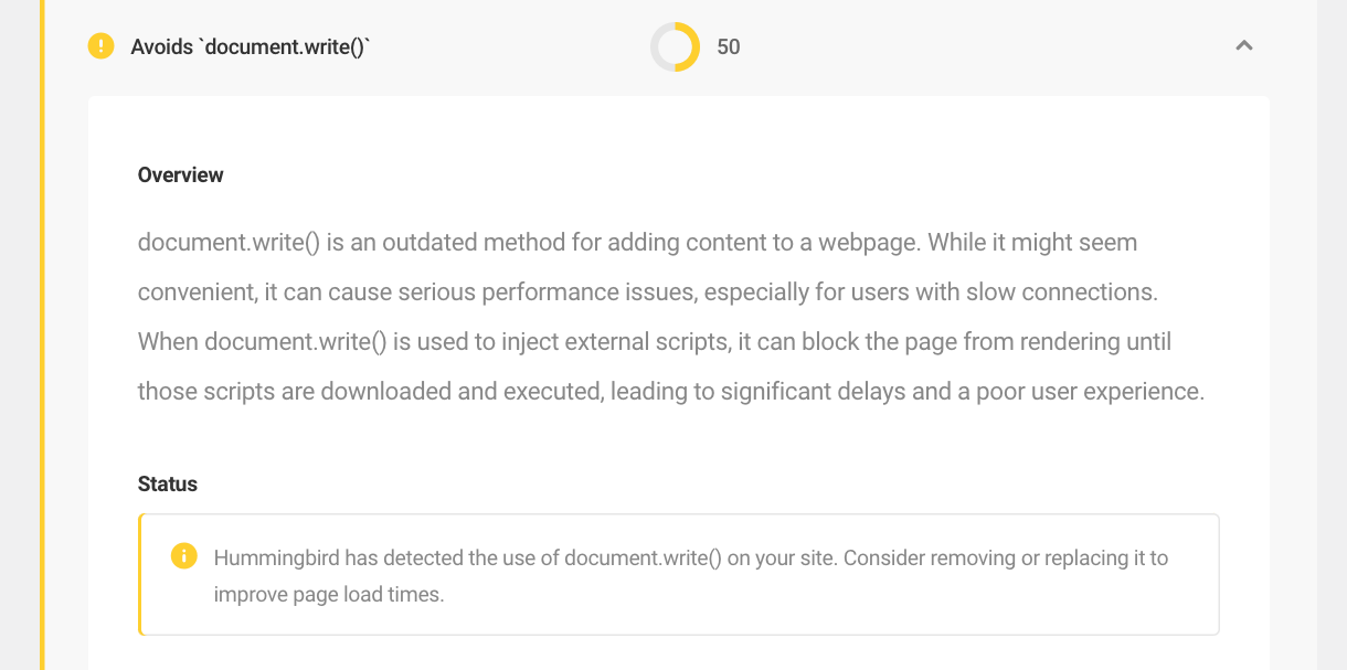 Avoid document write method