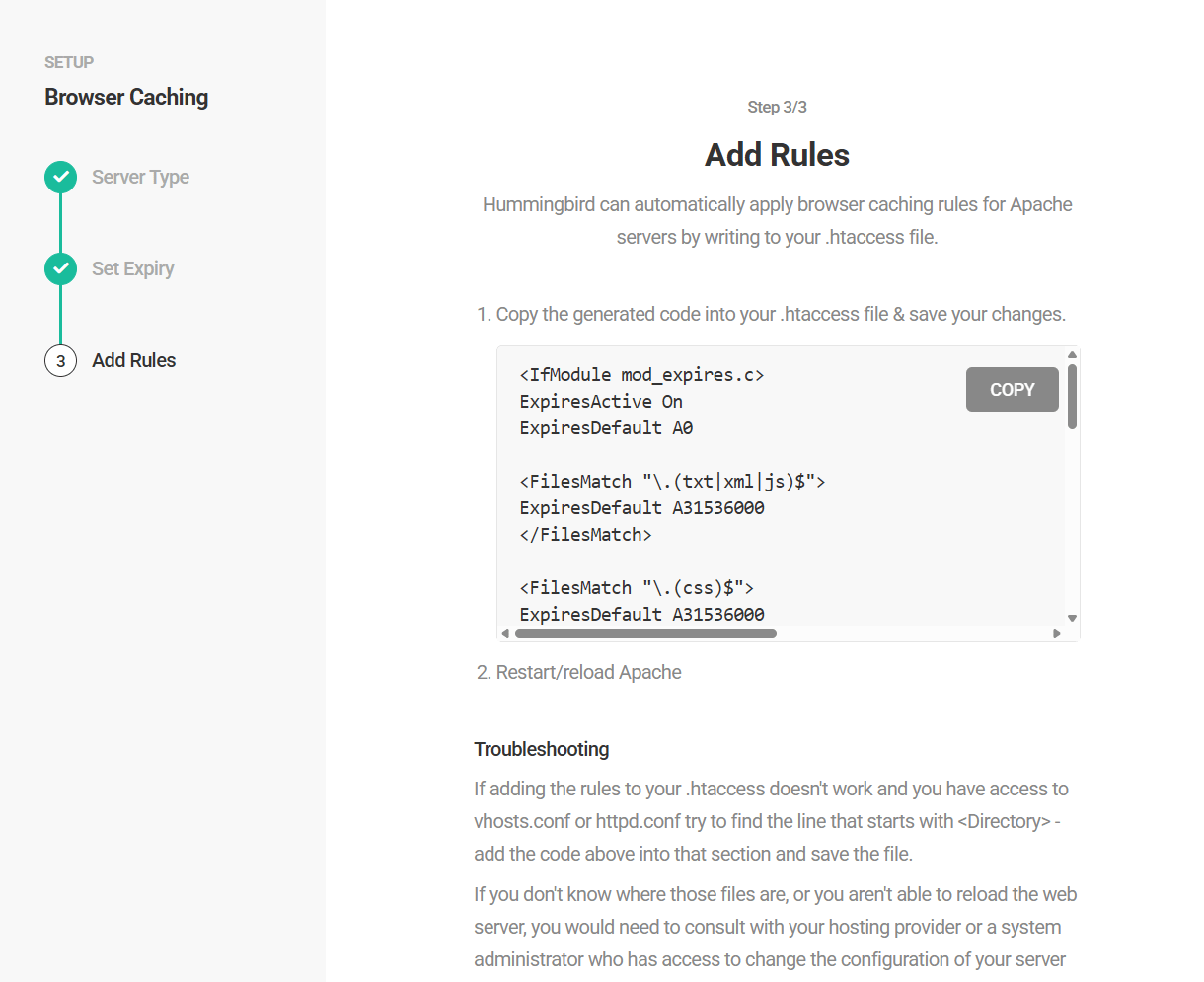 Adding Apache rules in Hummingbird browser caching