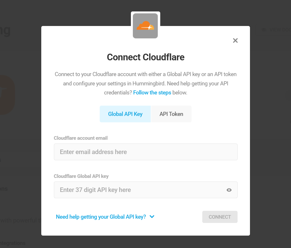 Connect Cloudflare modal window