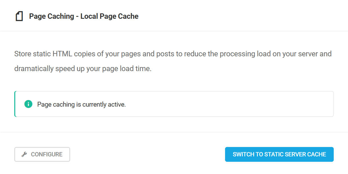 Page Caching widget in Hummingbird dashboard