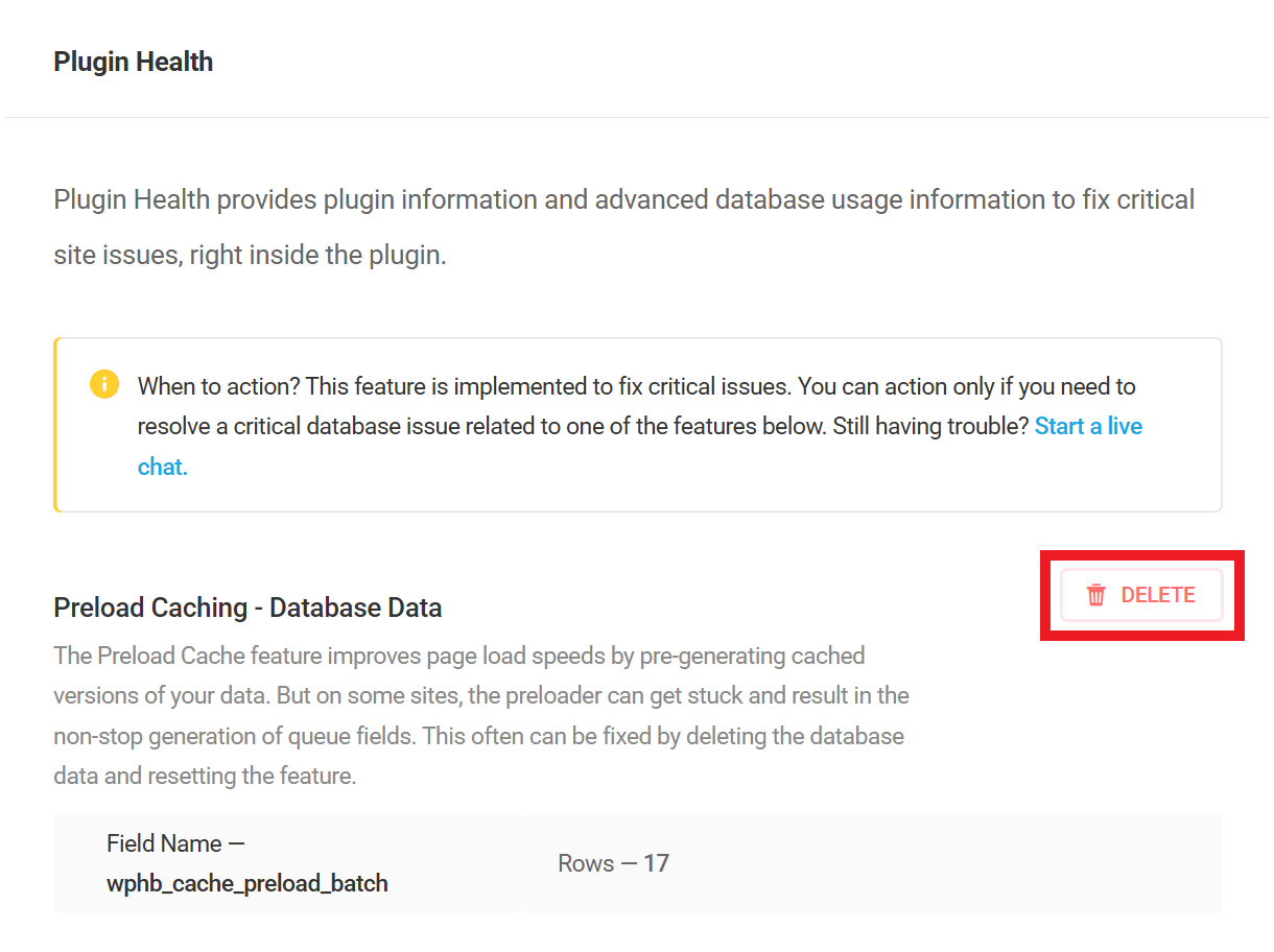 Delete data for Preload Caching