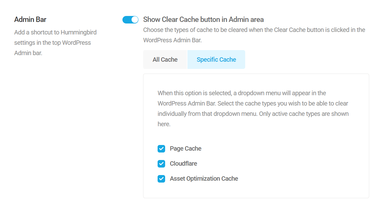 Add cache clearing shortcuts to the Hummingbird menu in your WordPress Admin bar