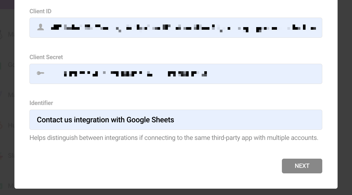 Adding the client id, secret, and identifier