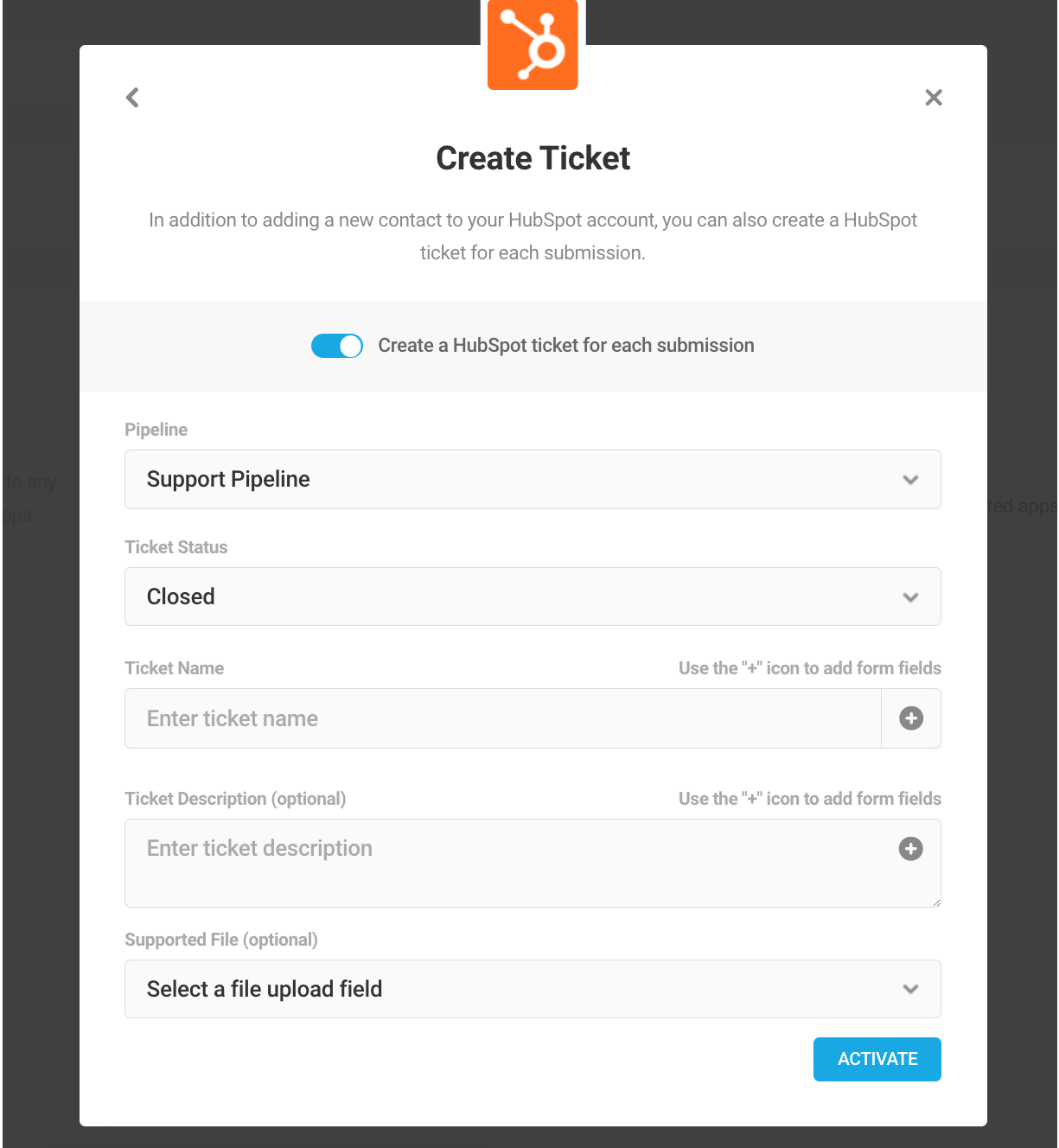 Hubspot create ticket upon submission setting
