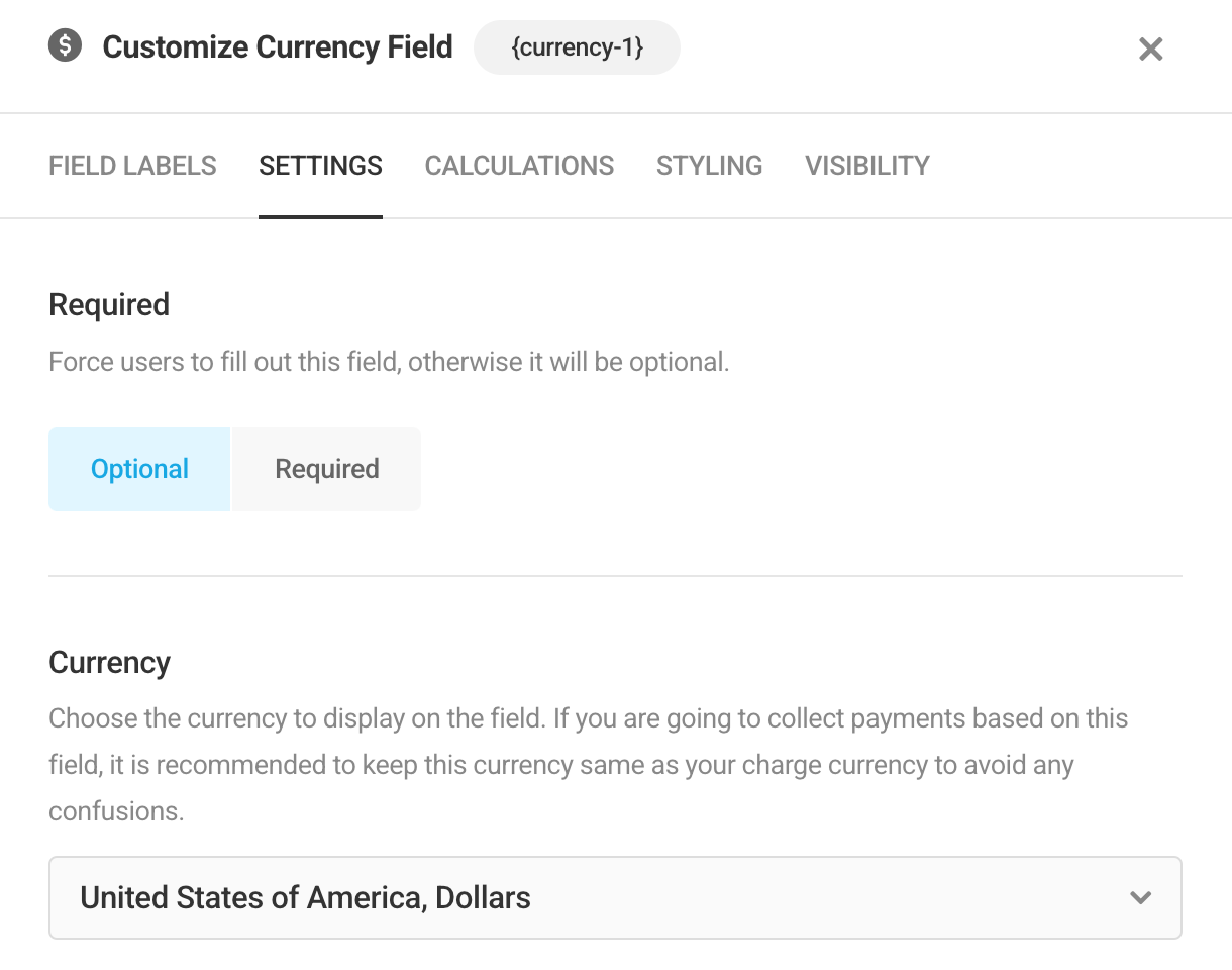 Adjust the settings of the Currency field in Forminator