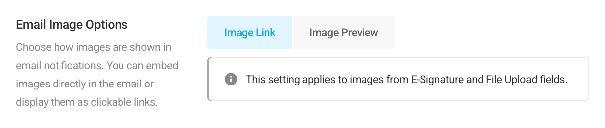 Email Image Options setting with Image Link and Image Preview options for email notifications
