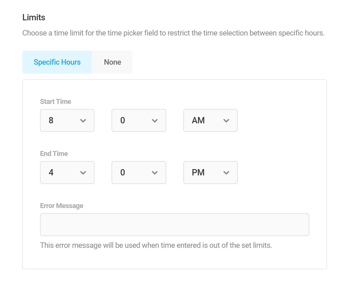 Set start and end times in a Forminator Timepicker field