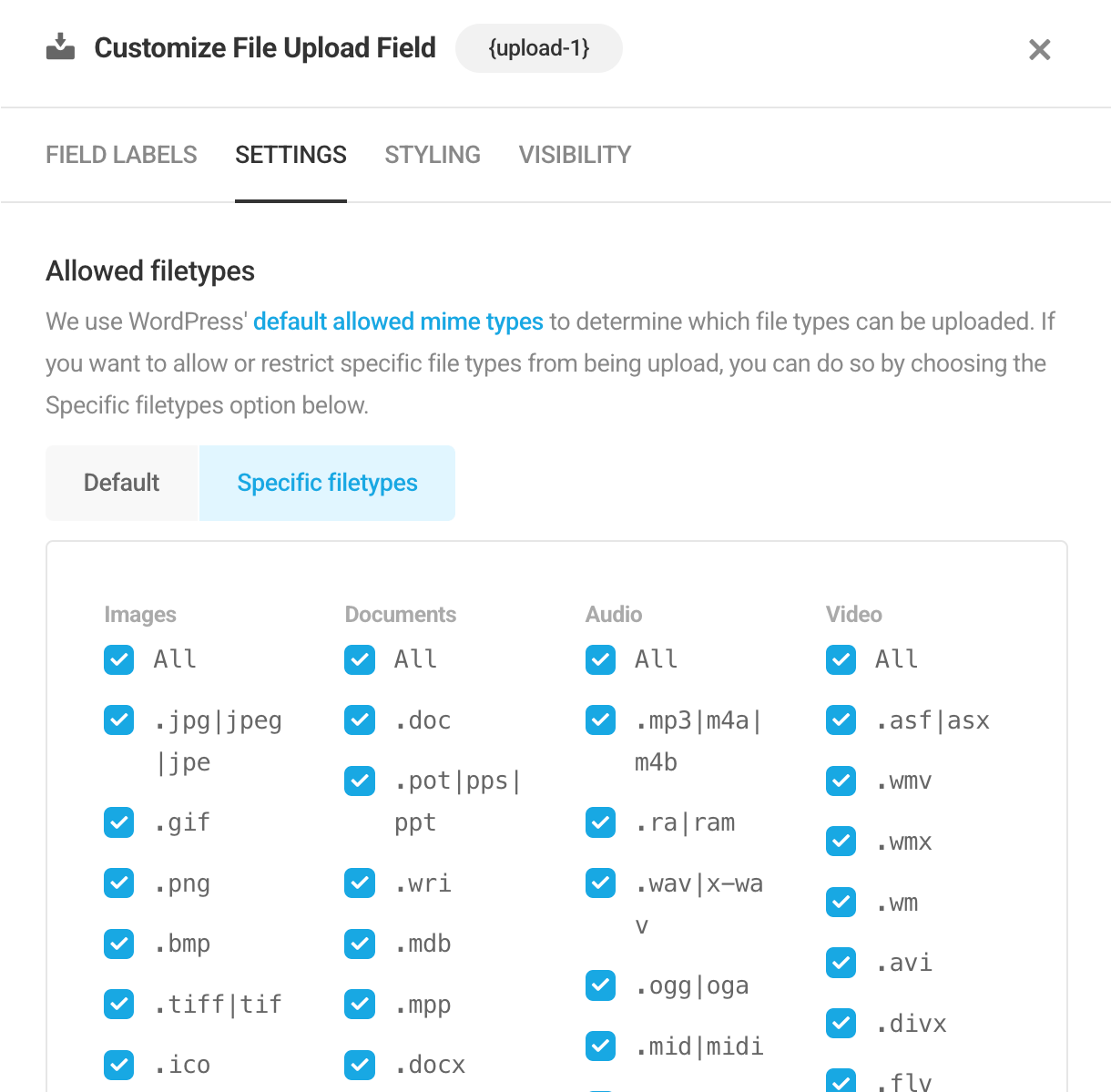 Adjust allowed file types in a Forminator File Upload field