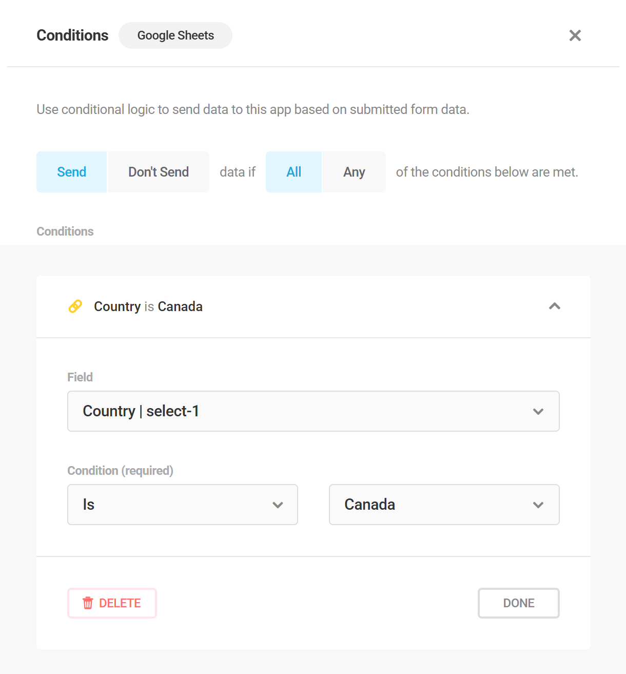 Example of sending data conditionally to 3rd-party apps in Forminator