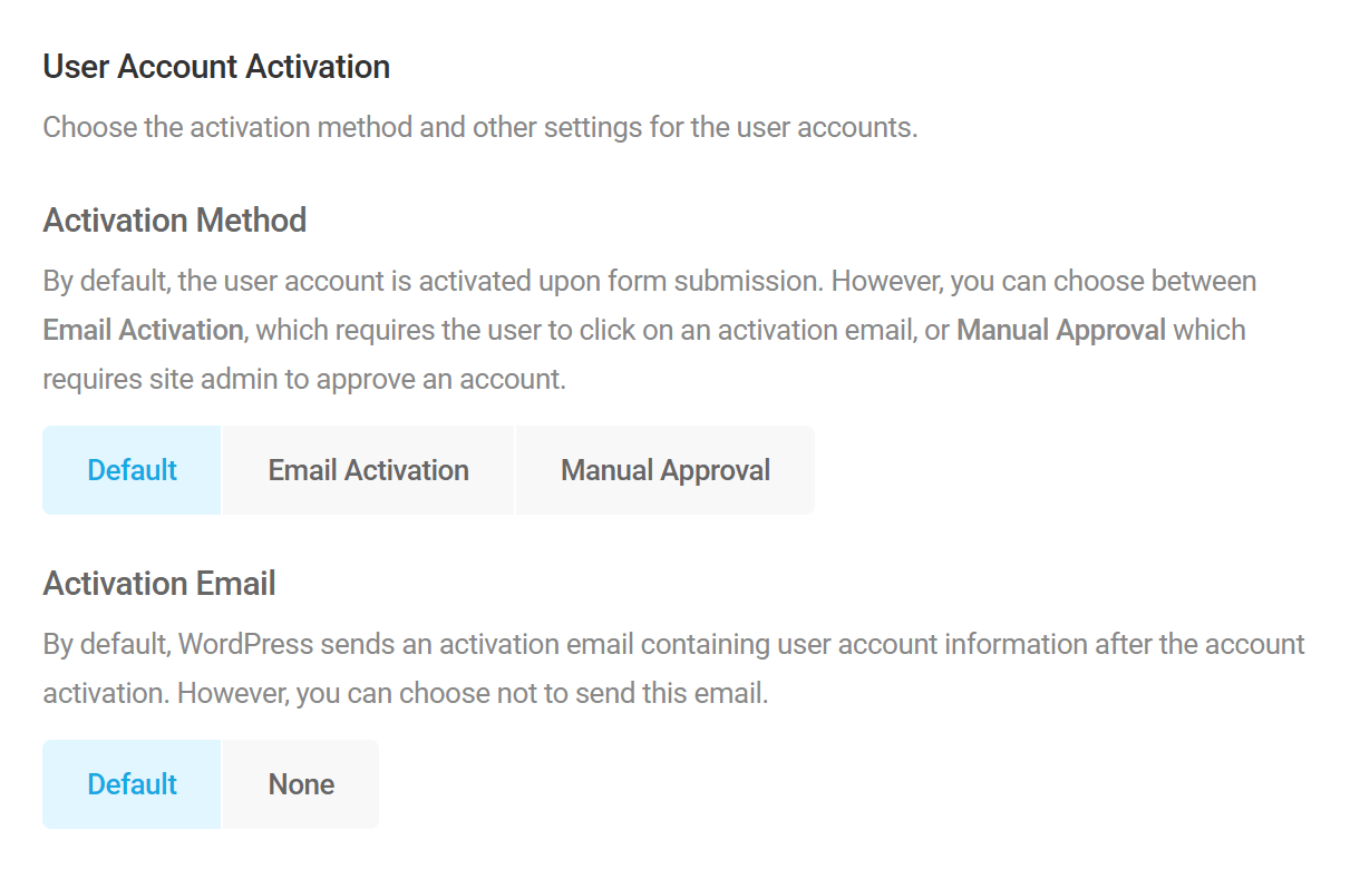 Select user account activation method in Forminator registration form