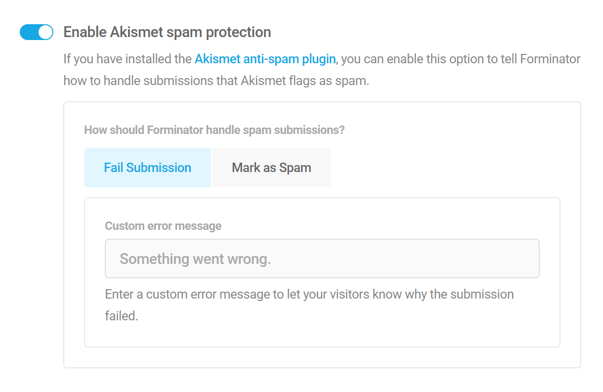 Enable Akismet spam protection option in Forminator form
