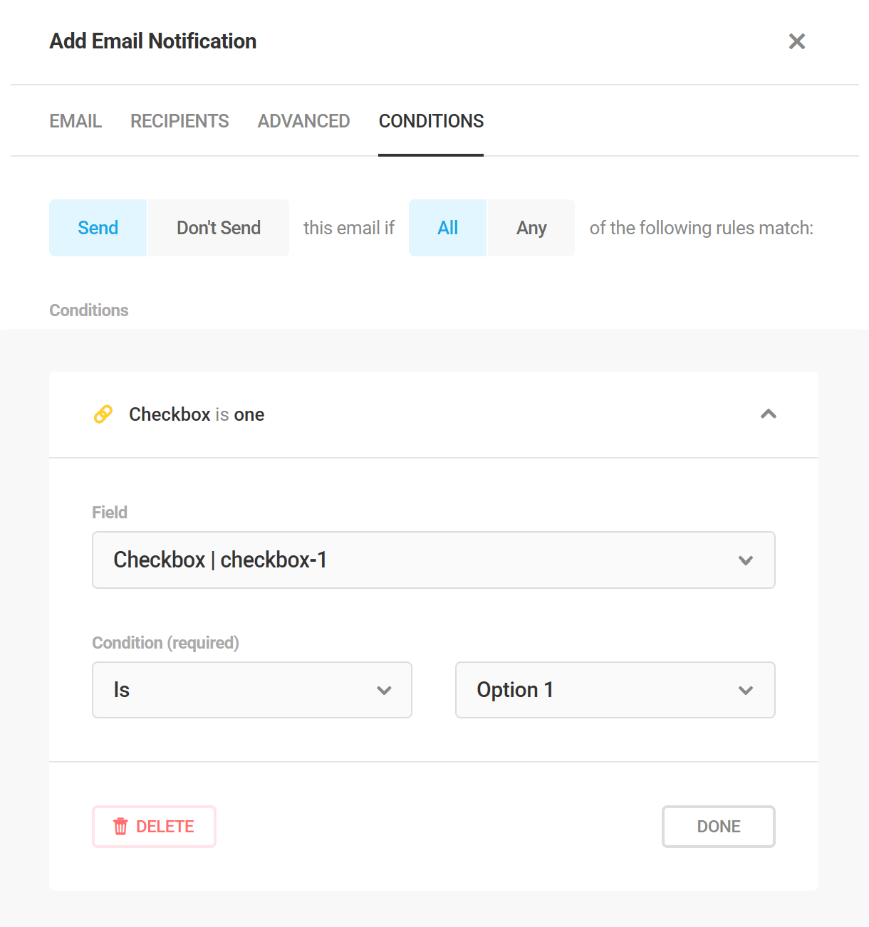 Send email notifications conditionally in Forminator forms