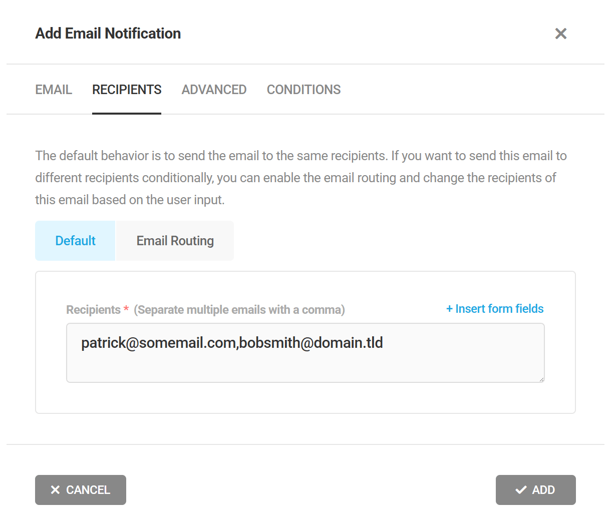 Edit recipients for email notifications in Forminator form