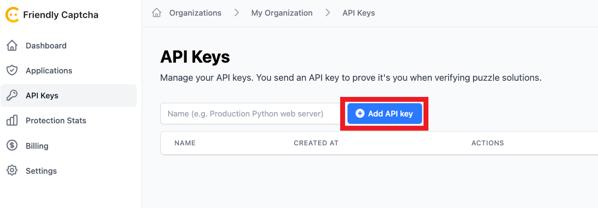Create an API key at Friendly Captcha