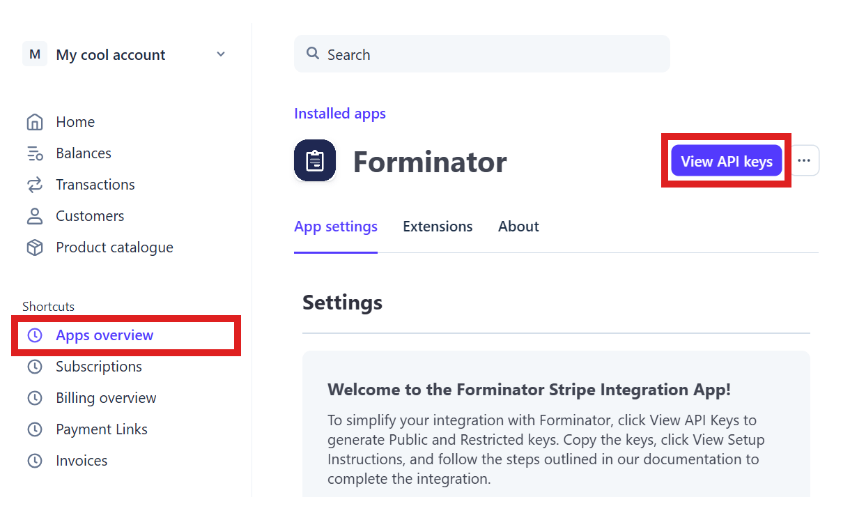 Get API keys for Forminator app at Stripe