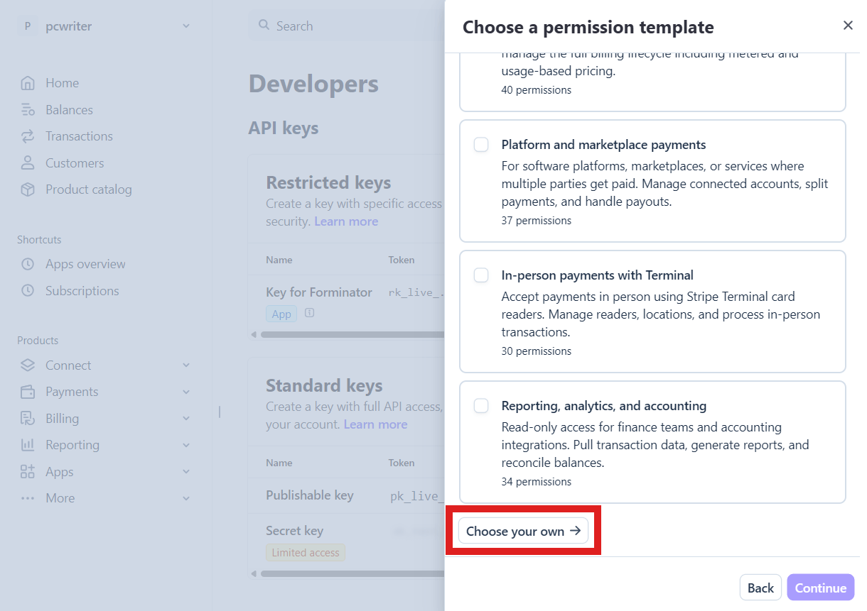 Manually create restricted API keys for Forminator app at Stripe