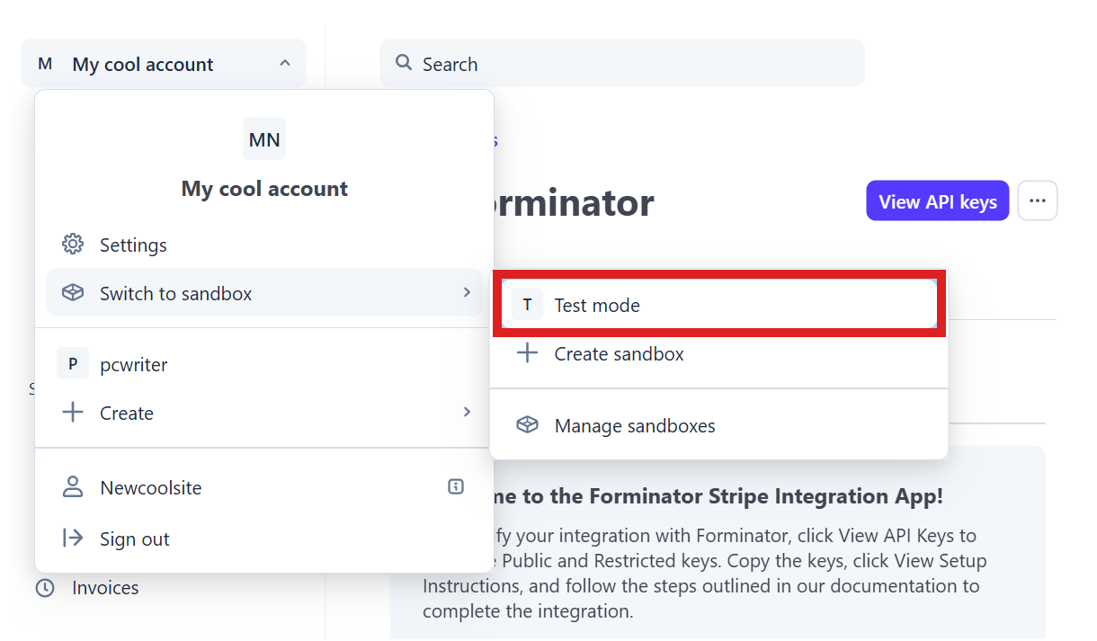 Enable test mode at Stripe