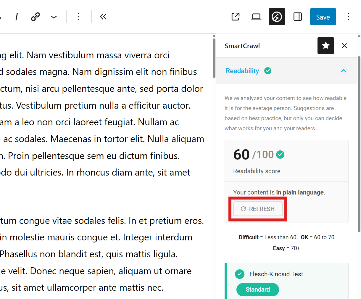 Readability test in posts and pages