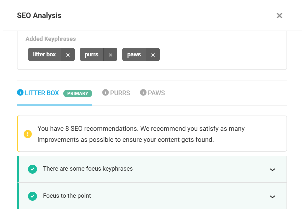 SmartCrawl in-post SEO analysis results