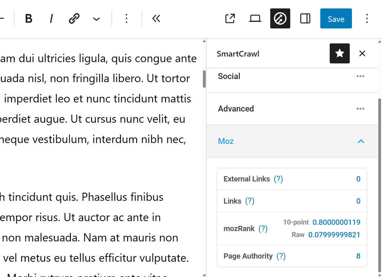 Moz tools in the post editor