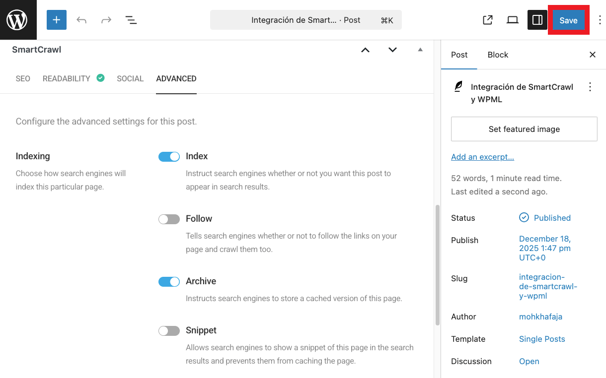 Set the secondary language page indexing meta tags and Save