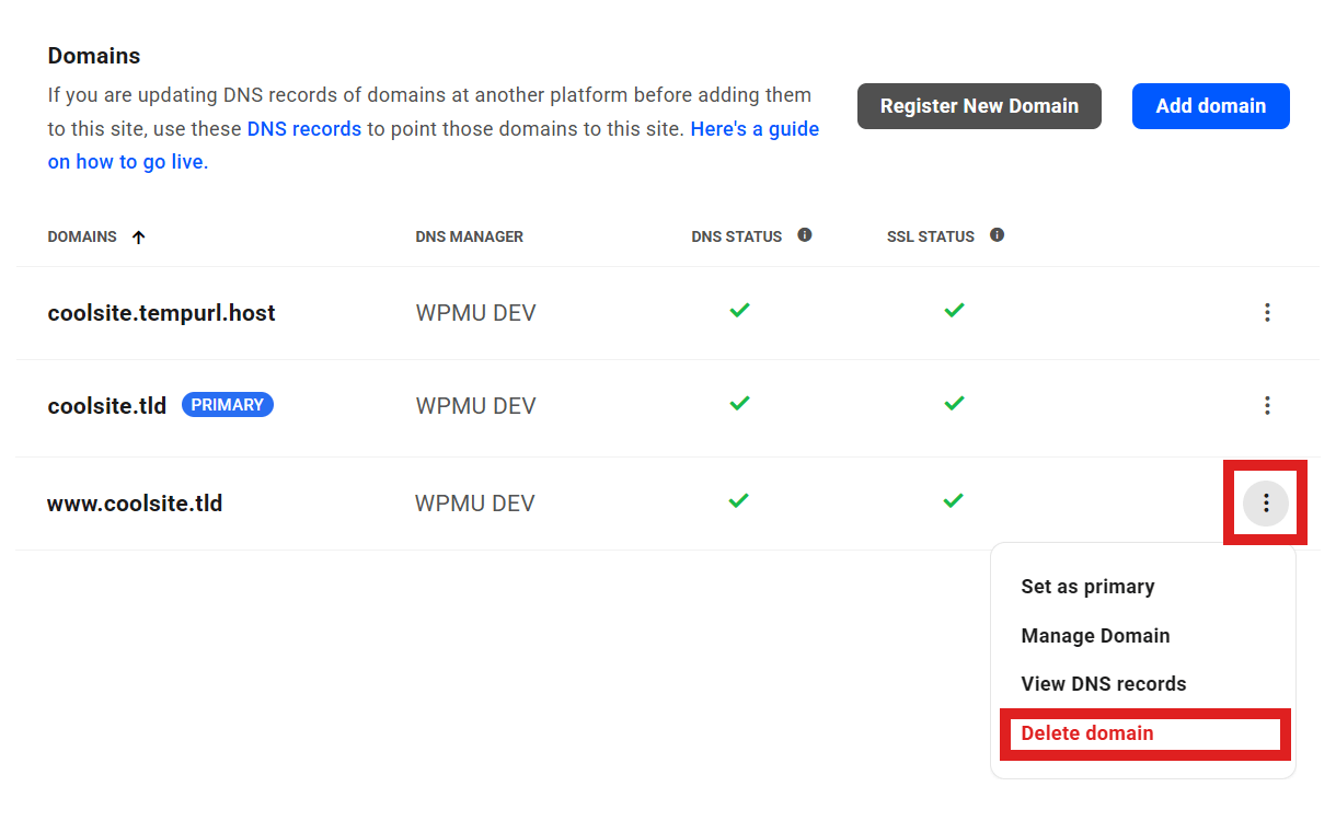 Remove a domain from a WPMU DEV hosted site