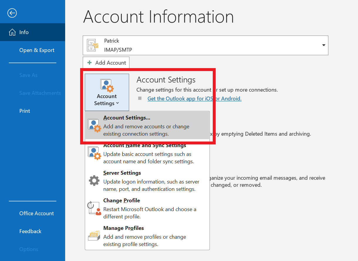 Account settings in Outlook