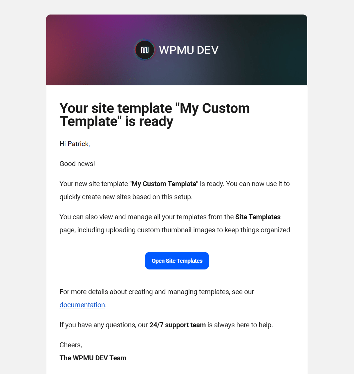 Email sent when a new custom site template is created
