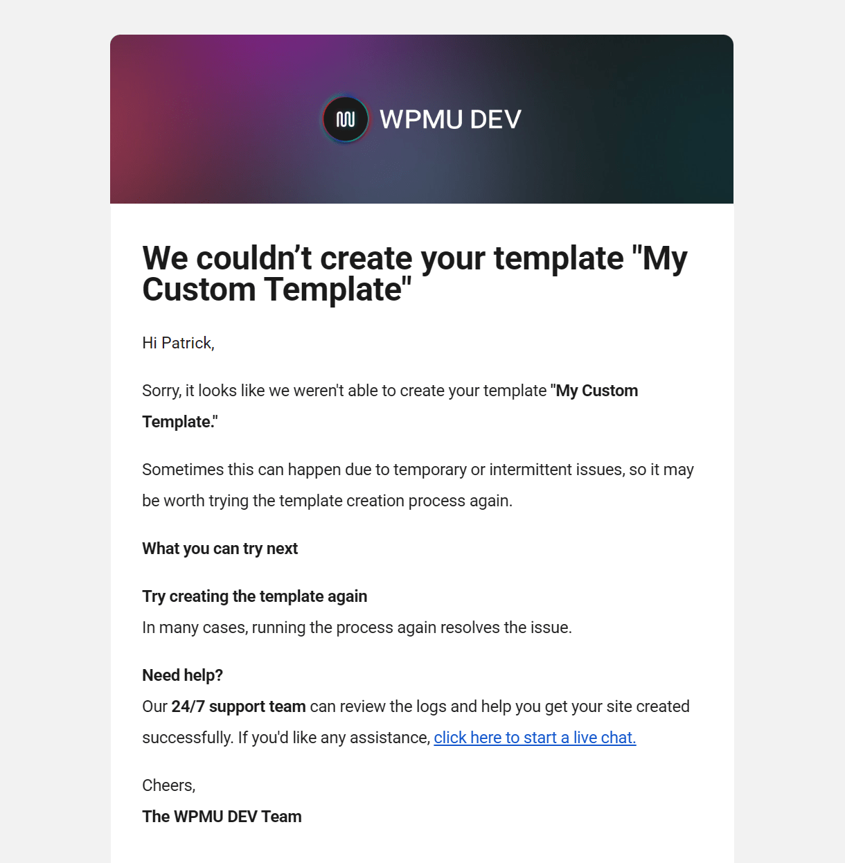 Email sent when a new custom site template creation fails