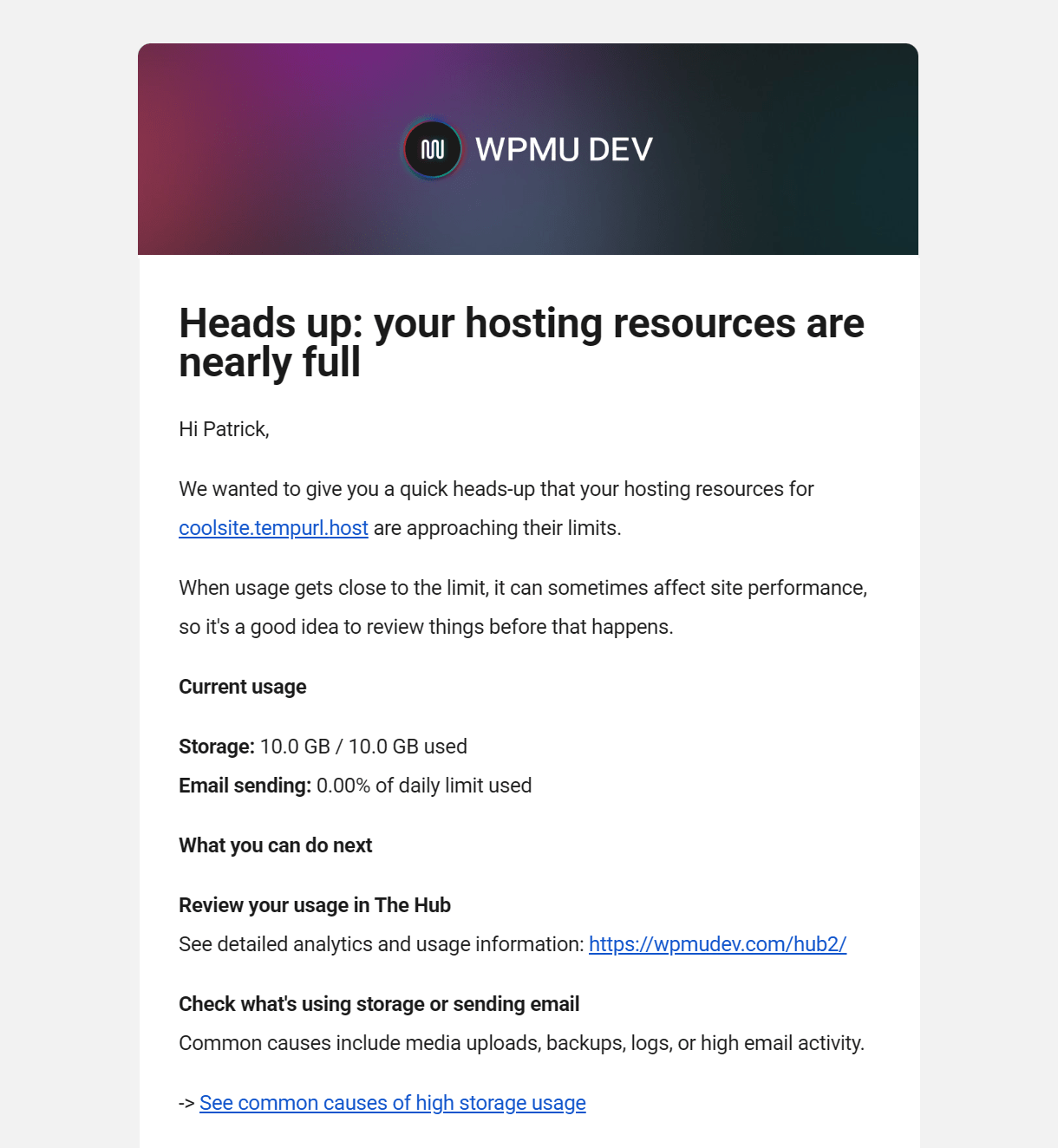 Email is sent when a site or server is nearing its resource limits