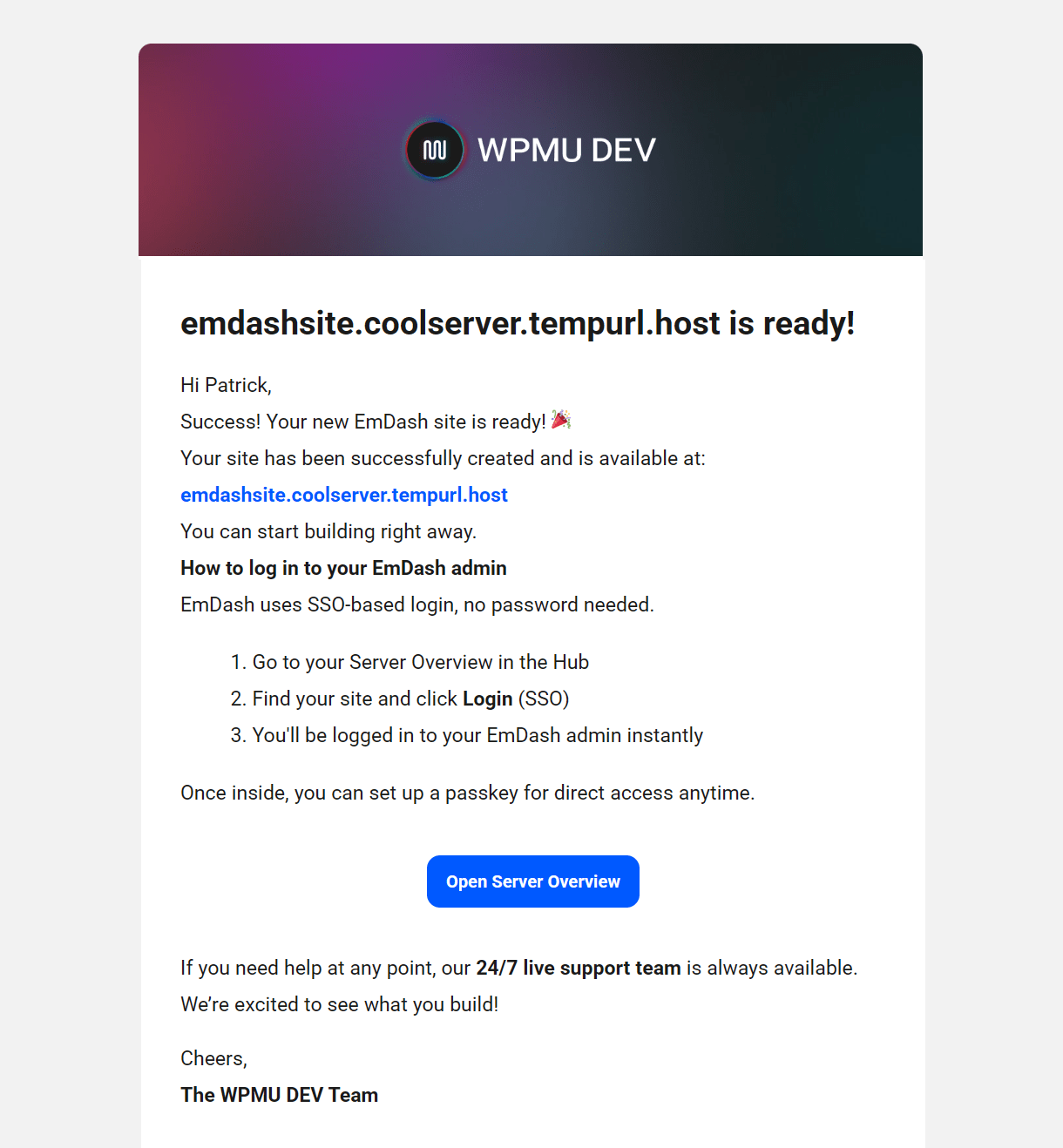 Email sent when an EmDash site is created