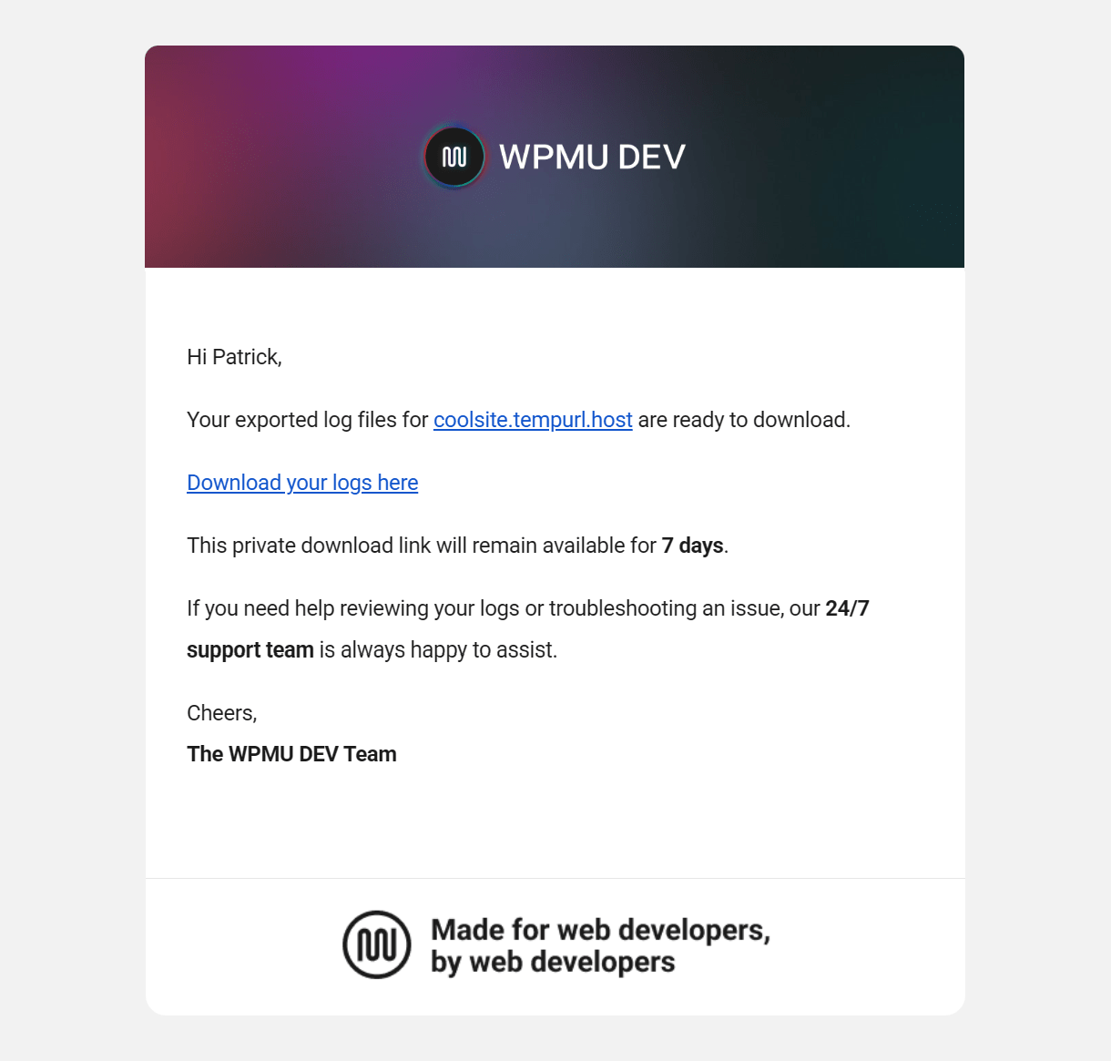 Email sent when a site log is exported