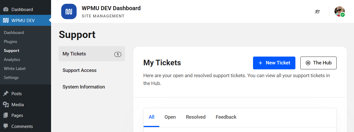 Get support in the WPMU DEV Dashboard