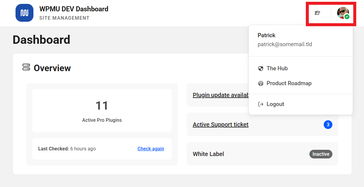 Profile menu in the WPMU DEV Dashboard