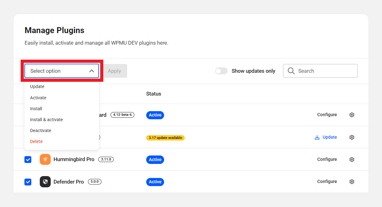 WPMU DEV Dashboard plugins manager bulk actions