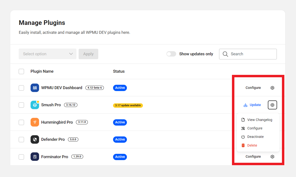 WPMU DEV Dashboard plugins manager options